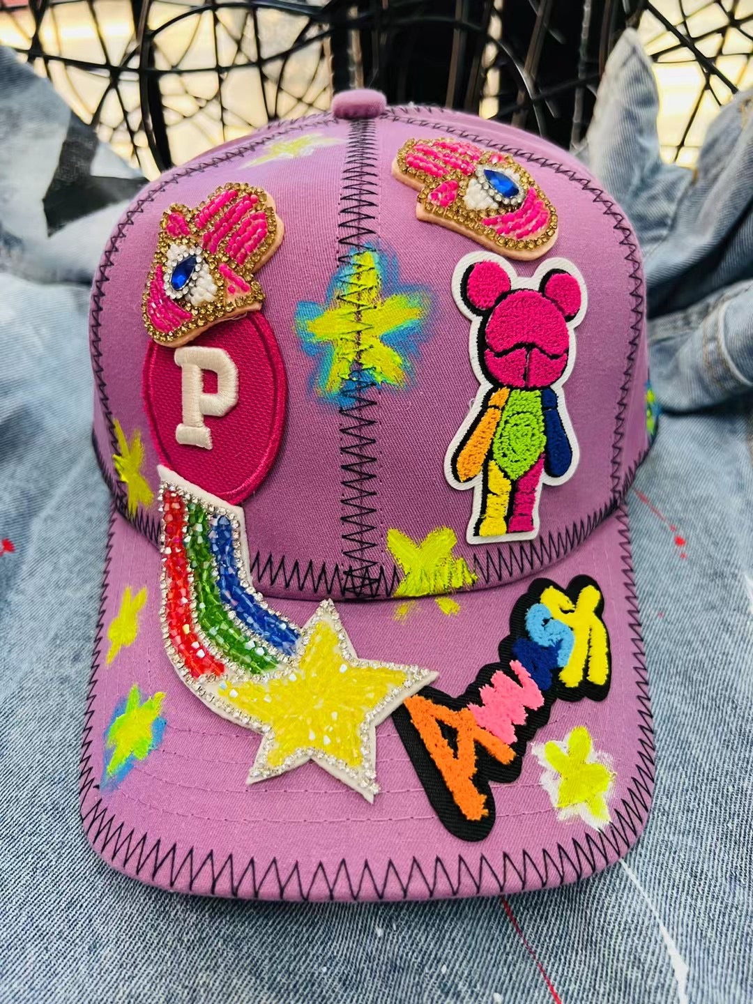 Purple bear patches hat