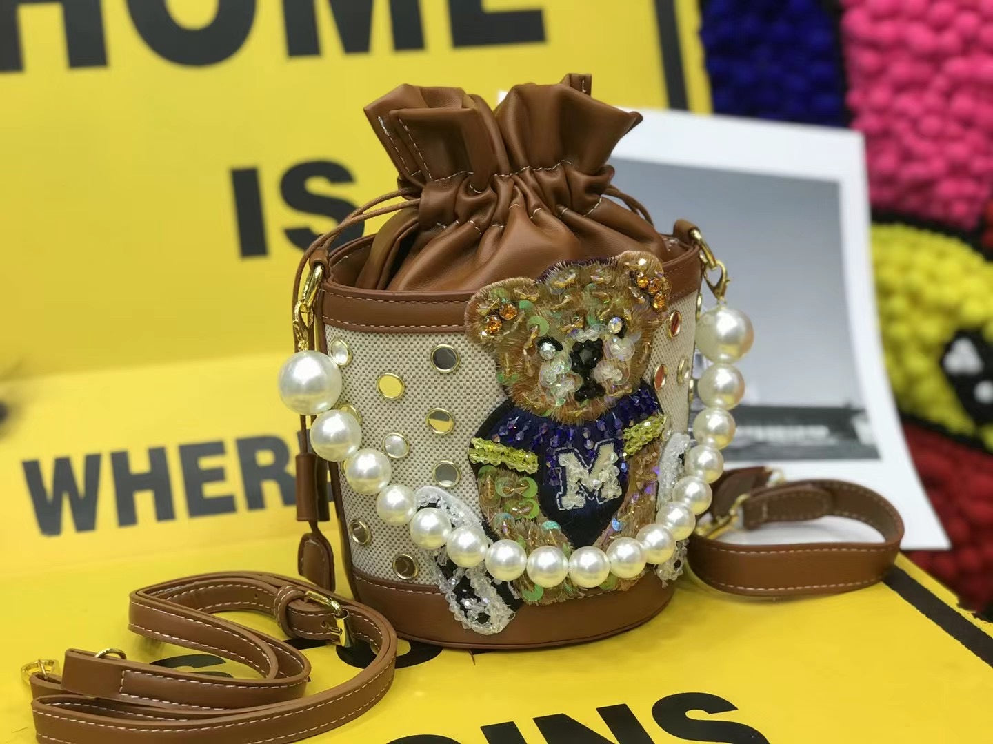 Drawstring Cheerleader Bear Bucket Handbag