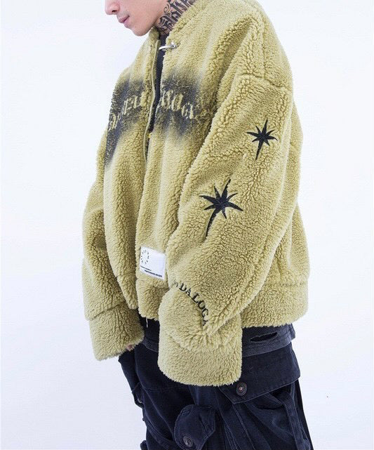 Green Fuzzy Jacket With Black Embroidery