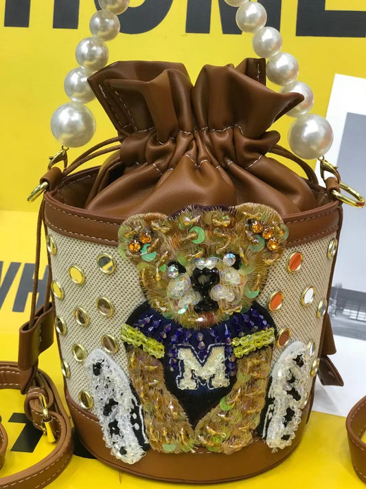 Drawstring Cheerleader Bear Bucket Handbag
